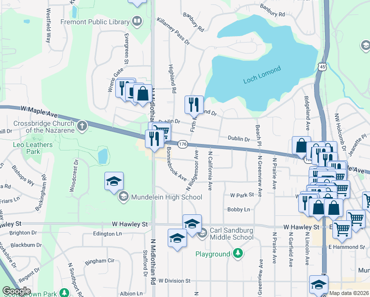 map of restaurants, bars, coffee shops, grocery stores, and more near 666 North Ridgemoor Avenue in Mundelein