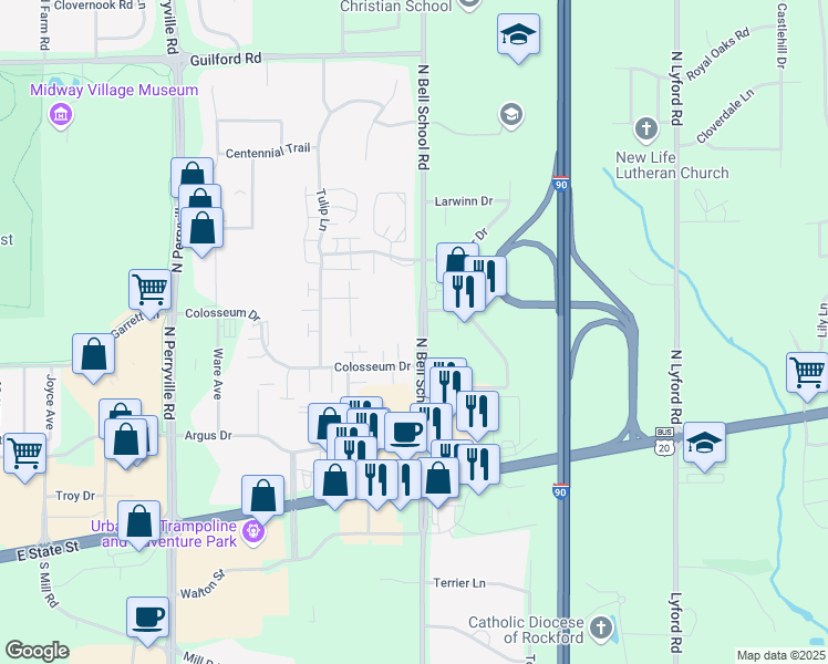 map of restaurants, bars, coffee shops, grocery stores, and more near 7337 Travertine Trail in Rockford