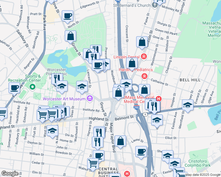 map of restaurants, bars, coffee shops, grocery stores, and more near 50 Prescott Street in Worcester