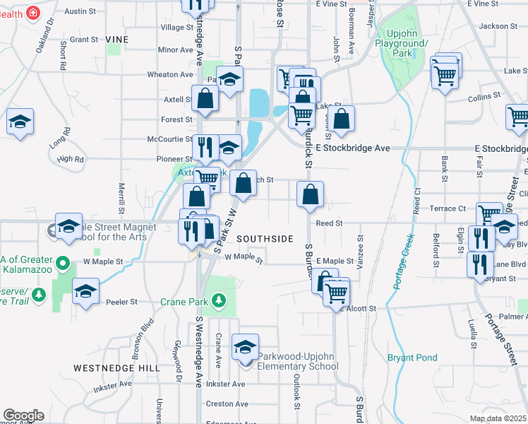 map of restaurants, bars, coffee shops, grocery stores, and more near 1714 South Park Street West in Kalamazoo
