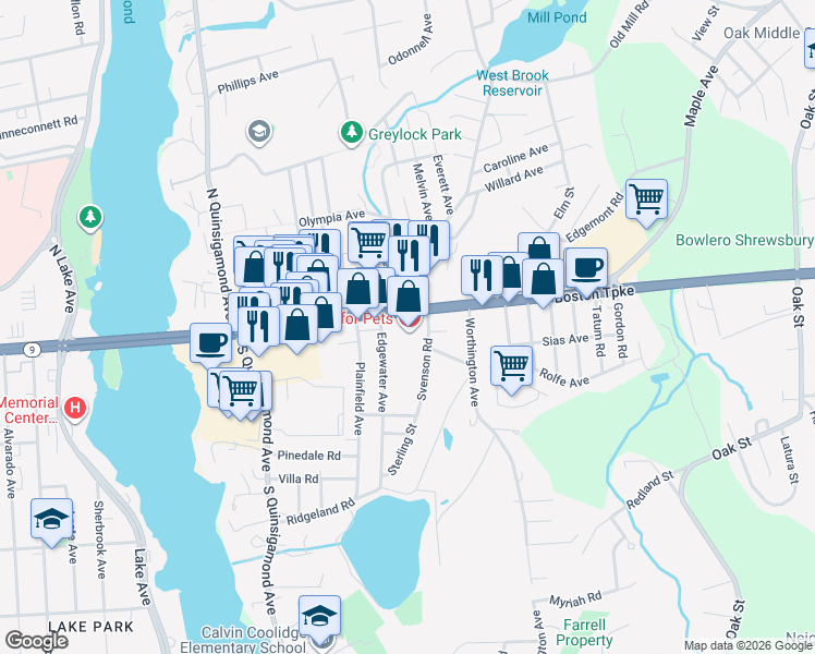 map of restaurants, bars, coffee shops, grocery stores, and more near 196 Boston Turnpike in Shrewsbury