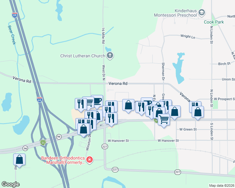 map of restaurants, bars, coffee shops, grocery stores, and more near 1279 Arms Street in Marshall