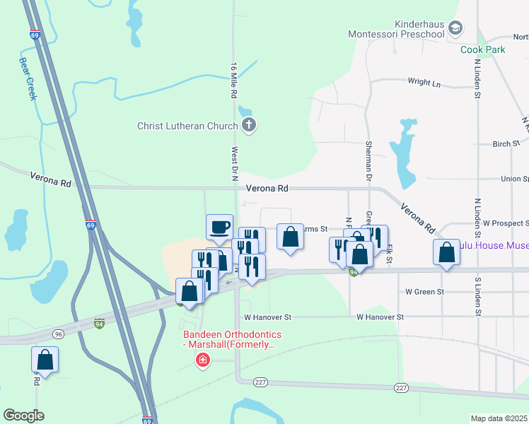 map of restaurants, bars, coffee shops, grocery stores, and more near 1279 Arms Street in Marshall