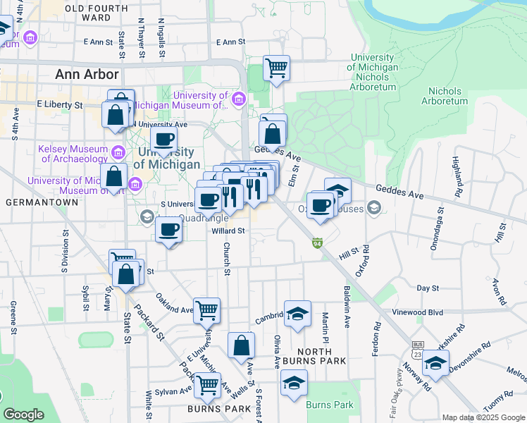 map of restaurants, bars, coffee shops, grocery stores, and more near 1320 South University Avenue in Ann Arbor