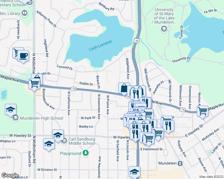 map of restaurants, bars, coffee shops, grocery stores, and more near 220 West Maple Avenue in Mundelein