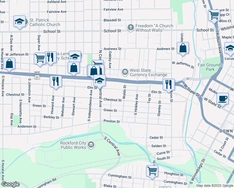 map of restaurants, bars, coffee shops, grocery stores, and more near 222 South Central Avenue in Rockford