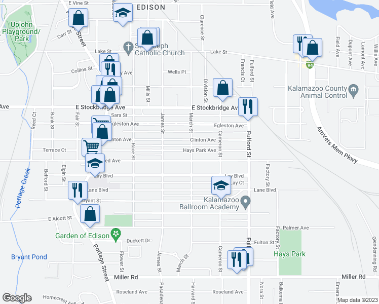 map of restaurants, bars, coffee shops, grocery stores, and more near 1704 March Street in Kalamazoo