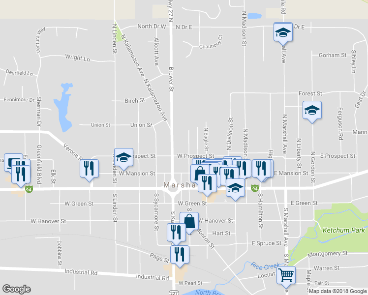 map of restaurants, bars, coffee shops, grocery stores, and more near 311 North Grand Street in Marshall