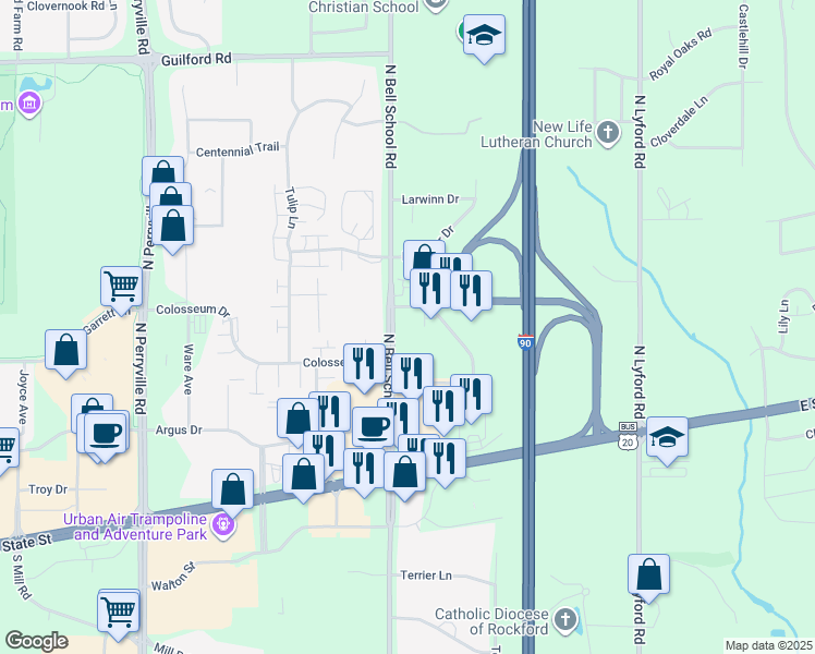 map of restaurants, bars, coffee shops, grocery stores, and more near 747 North Bell School Road in Rockford