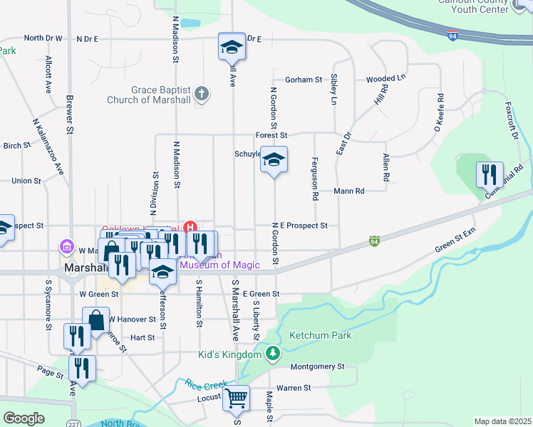 map of restaurants, bars, coffee shops, grocery stores, and more near 619 East Prospect Street in Marshall