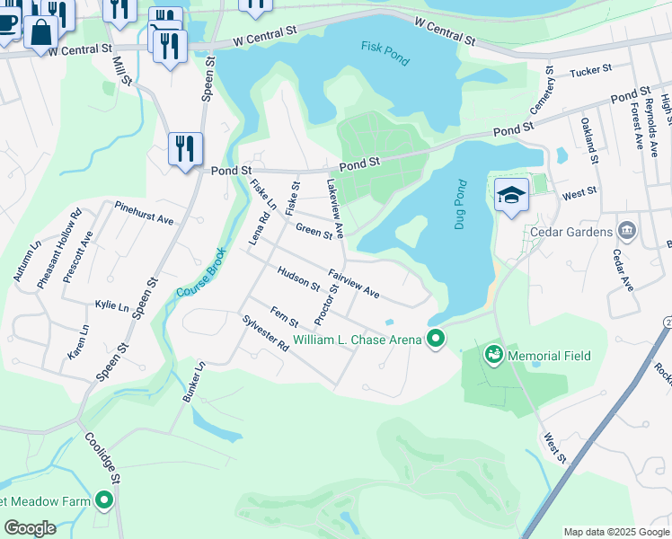 map of restaurants, bars, coffee shops, grocery stores, and more near 3 Proctor Street in Natick