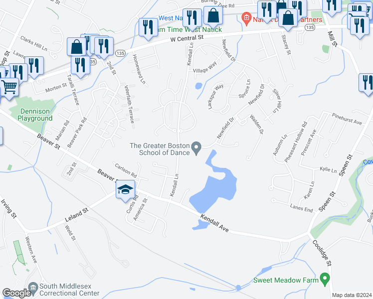 map of restaurants, bars, coffee shops, grocery stores, and more near 5 H F Brown Way in Natick