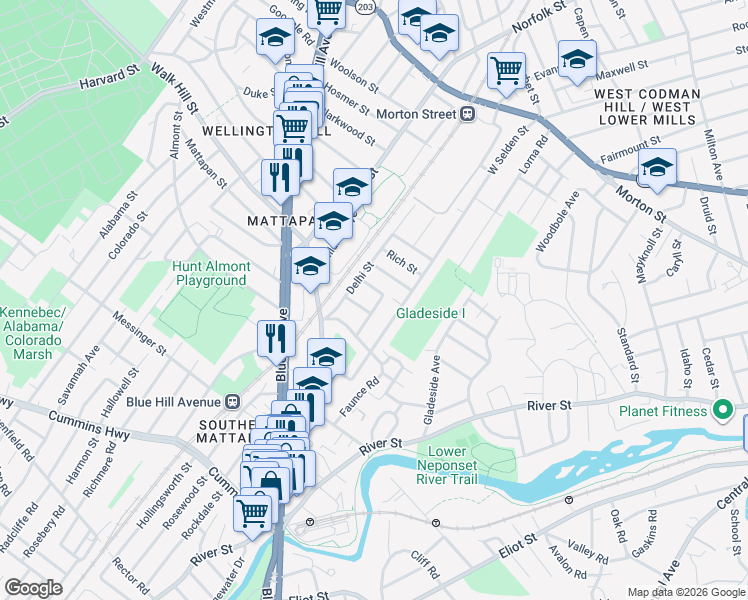 map of restaurants, bars, coffee shops, grocery stores, and more near 31 Violet Street in Boston