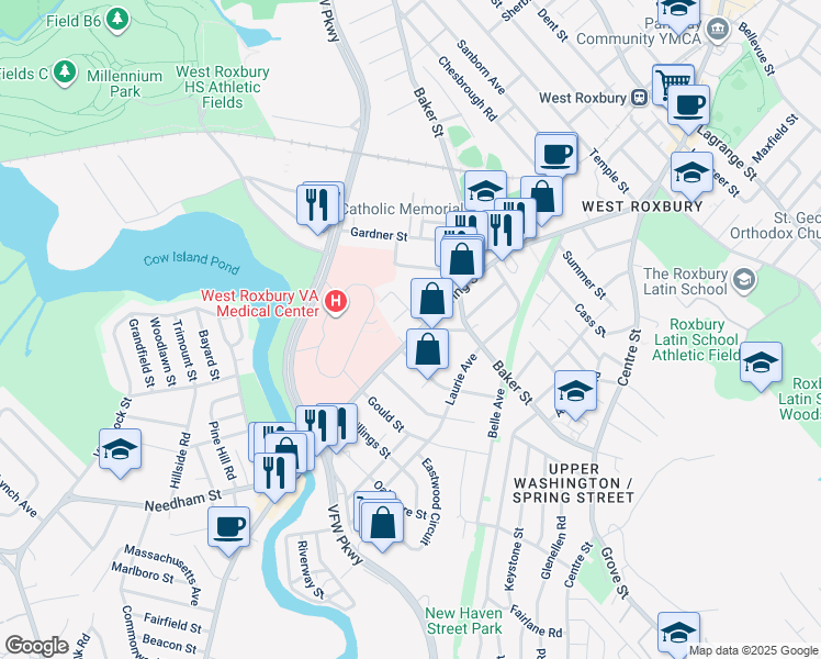 map of restaurants, bars, coffee shops, grocery stores, and more near 217 Spring Street in Boston