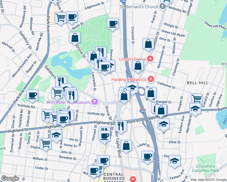 map of restaurants, bars, coffee shops, grocery stores, and more near 50 Prescott Street in Worcester