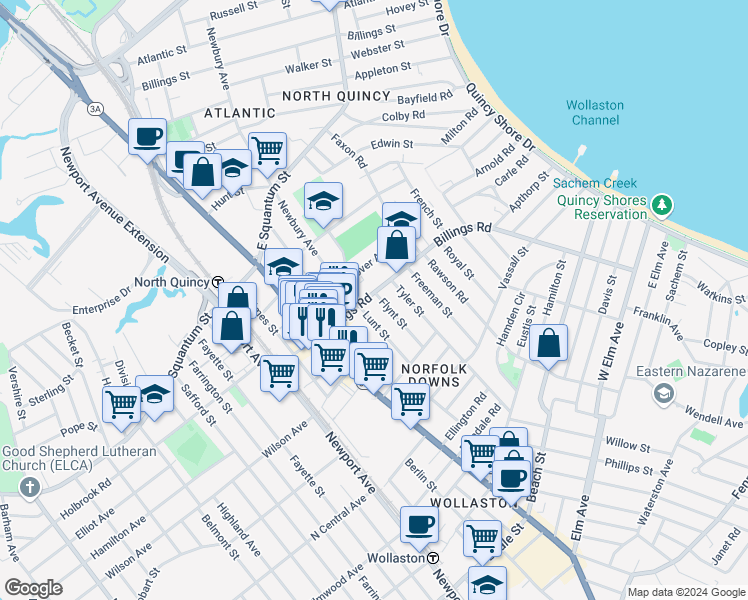 map of restaurants, bars, coffee shops, grocery stores, and more near 101 Billings Road in Quincy
