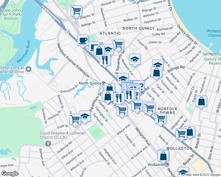 map of restaurants, bars, coffee shops, grocery stores, and more near 24 Holmes Street in Quincy