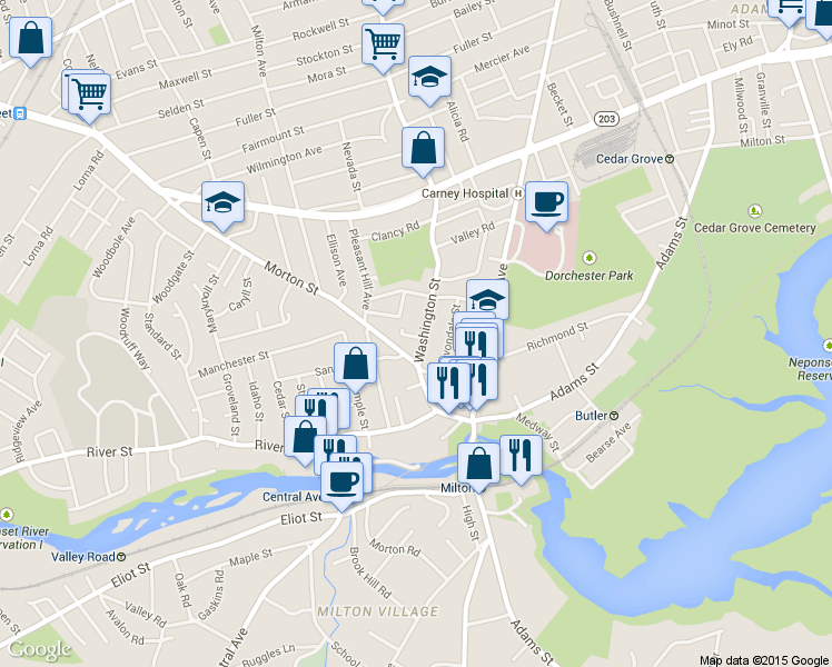 map of restaurants, bars, coffee shops, grocery stores, and more near in Boston