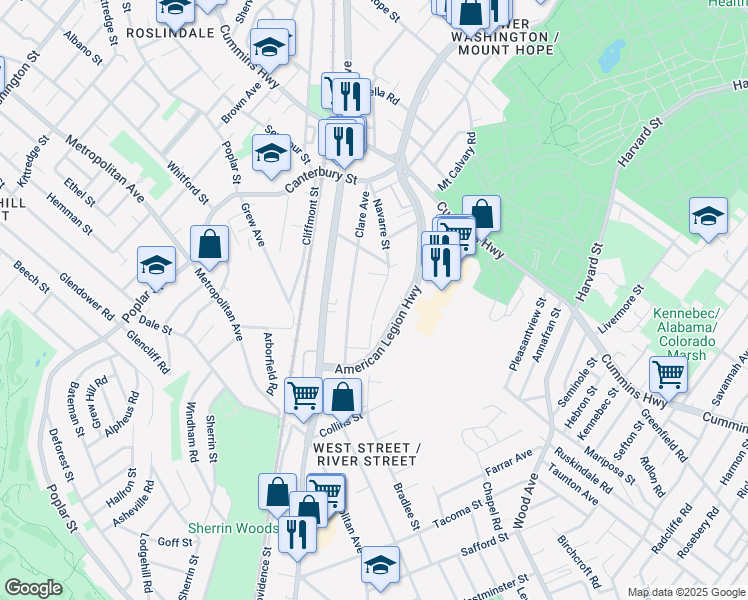map of restaurants, bars, coffee shops, grocery stores, and more near 123 Navarre Street in Boston