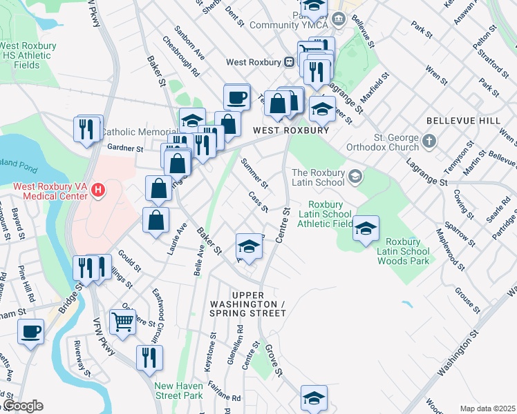 map of restaurants, bars, coffee shops, grocery stores, and more near 93 Cass Street in Boston