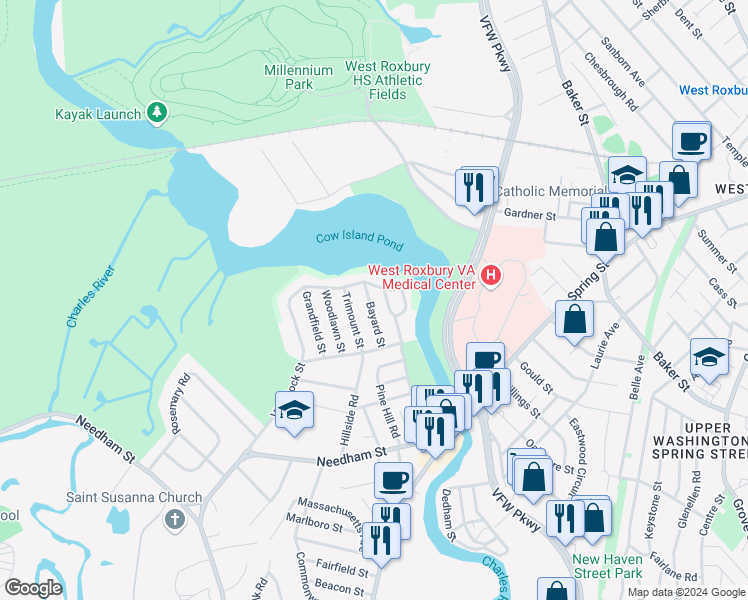 map of restaurants, bars, coffee shops, grocery stores, and more near 134 Riverside Drive in Dedham