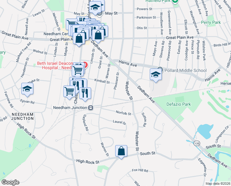 map of restaurants, bars, coffee shops, grocery stores, and more near 45 Howland Street in Needham