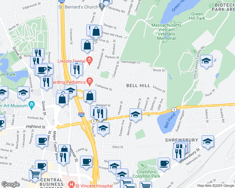 map of restaurants, bars, coffee shops, grocery stores, and more near 31 Hooper Street in Worcester