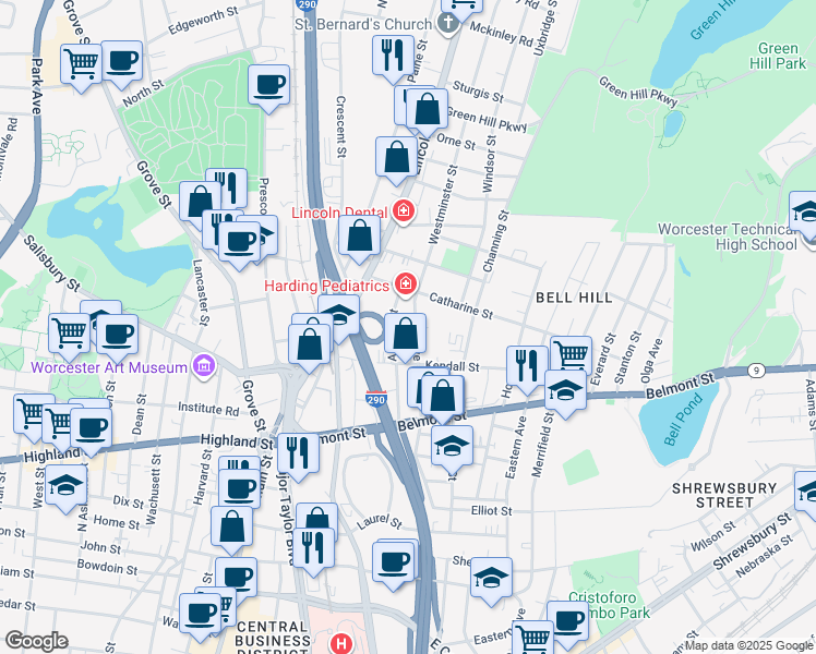 map of restaurants, bars, coffee shops, grocery stores, and more near 12 Auburn Street in Worcester