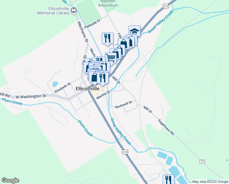 map of restaurants, bars, coffee shops, grocery stores, and more near 12 Martha Street in Ellicottville