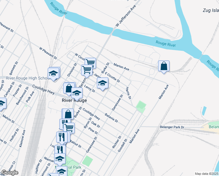 map of restaurants, bars, coffee shops, grocery stores, and more near 80 East James Street in River Rouge