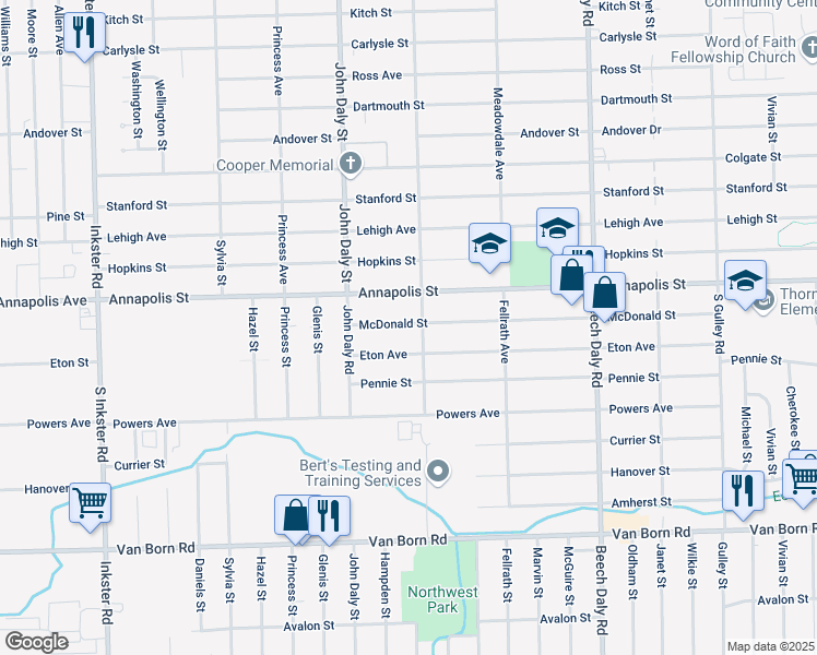 map of restaurants, bars, coffee shops, grocery stores, and more near 26285 McDonald Street in Dearborn Heights