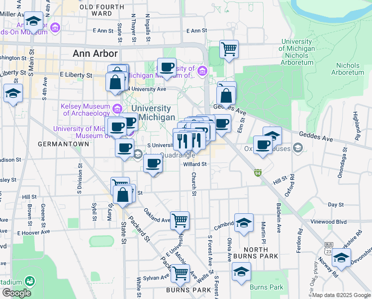 map of restaurants, bars, coffee shops, grocery stores, and more near 611 Church Street in Ann Arbor