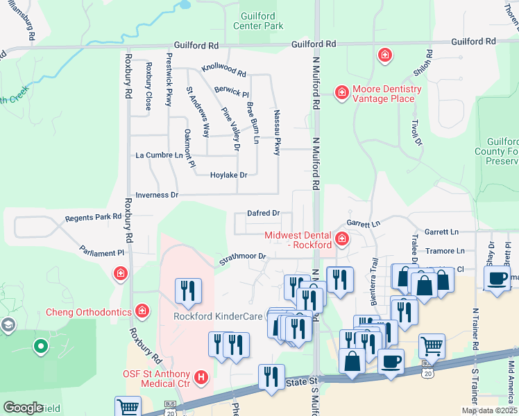 map of restaurants, bars, coffee shops, grocery stores, and more near 5847 Dafred Drive in Rockford