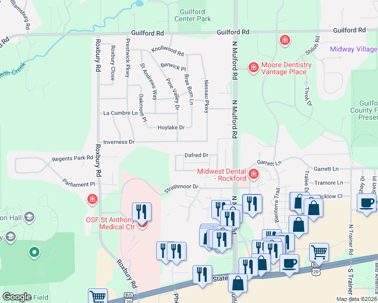 map of restaurants, bars, coffee shops, grocery stores, and more near 5810 Dafred Drive in Rockford