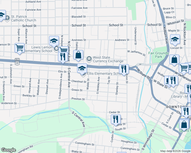 map of restaurants, bars, coffee shops, grocery stores, and more near 1422 Elm Street in Rockford