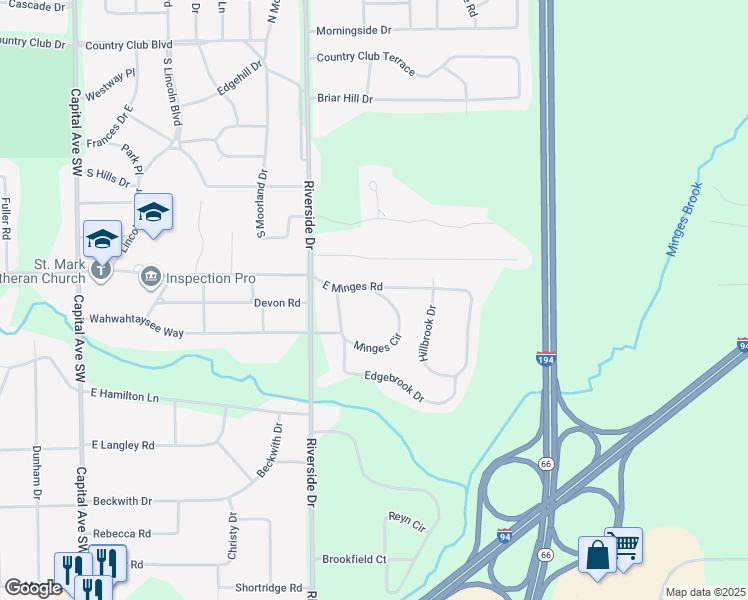 map of restaurants, bars, coffee shops, grocery stores, and more near 102 Minges Circle in Battle Creek