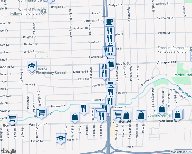 map of restaurants, bars, coffee shops, grocery stores, and more near 24136 Eton Avenue in Dearborn Heights