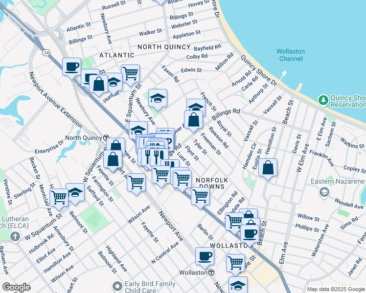 map of restaurants, bars, coffee shops, grocery stores, and more near 101 Billings Road in Quincy