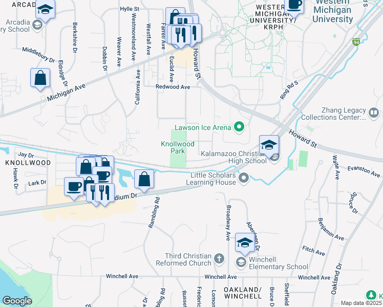 map of restaurants, bars, coffee shops, grocery stores, and more near 1711 Lafayette Ave in Kalamazoo