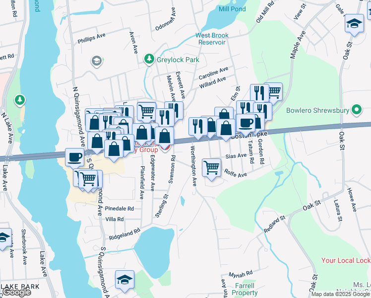 map of restaurants, bars, coffee shops, grocery stores, and more near 8 Worthington Avenue in Shrewsbury