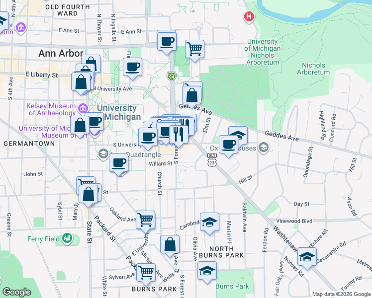 map of restaurants, bars, coffee shops, grocery stores, and more near 1320 South University Avenue in Ann Arbor