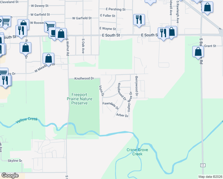 map of restaurants, bars, coffee shops, grocery stores, and more near 104 Briar Court in Freeport