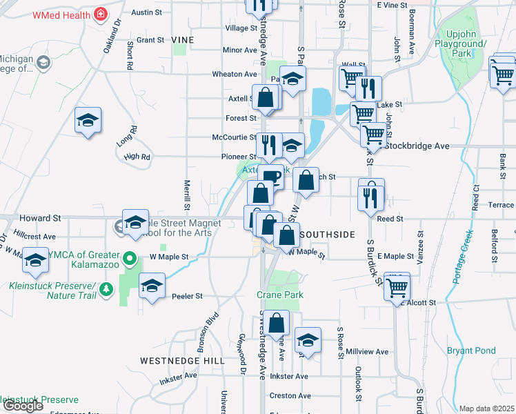 map of restaurants, bars, coffee shops, grocery stores, and more near 1710 South Westnedge Avenue in Kalamazoo