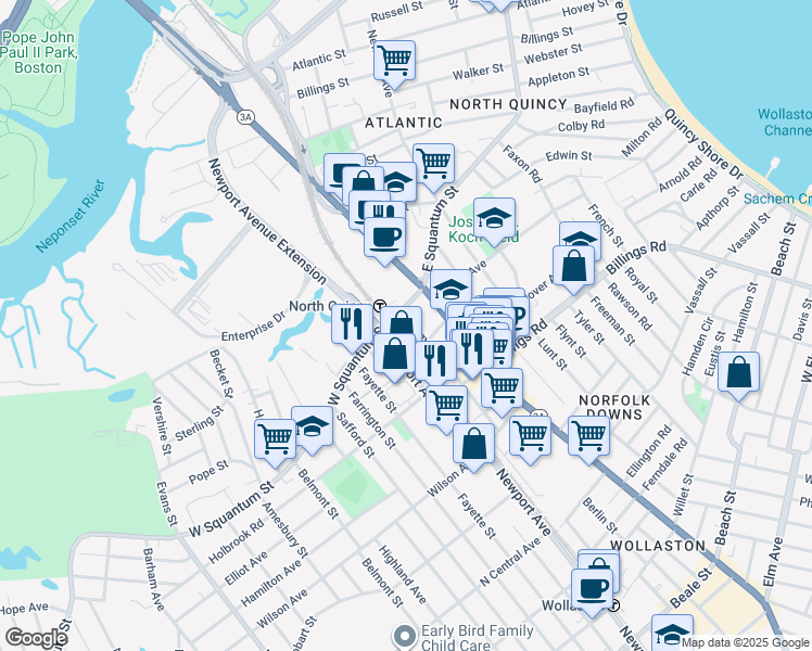 map of restaurants, bars, coffee shops, grocery stores, and more near 24 Holmes Street in Quincy