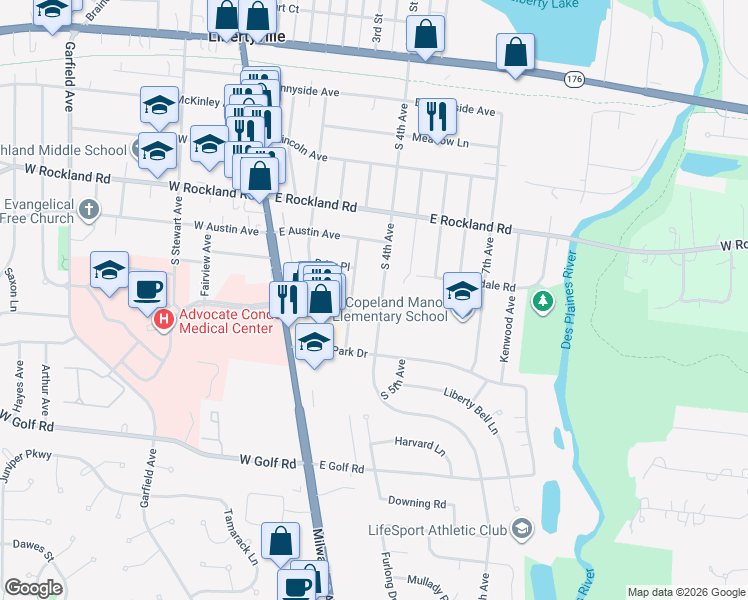 map of restaurants, bars, coffee shops, grocery stores, and more near 711 South 4th Avenue in Libertyville