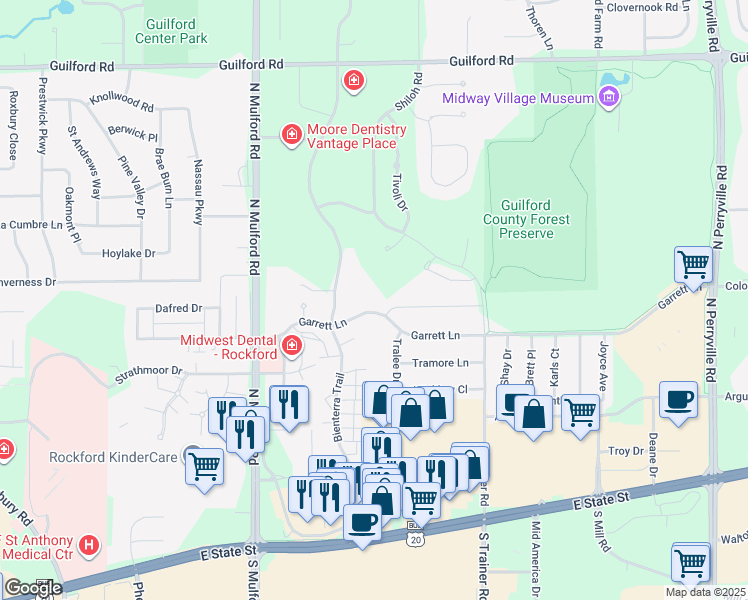 map of restaurants, bars, coffee shops, grocery stores, and more near 6336 Garrett Lane in Rockford