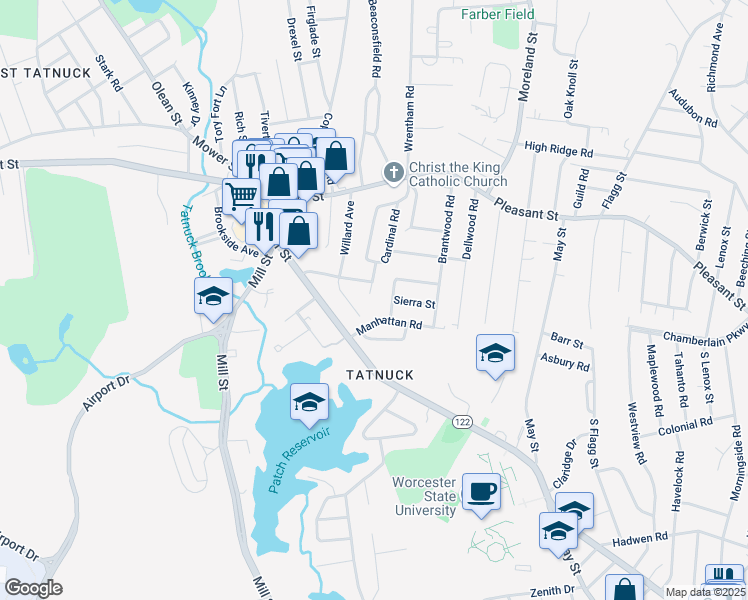 map of restaurants, bars, coffee shops, grocery stores, and more near 8 Pinnacle Street in Worcester