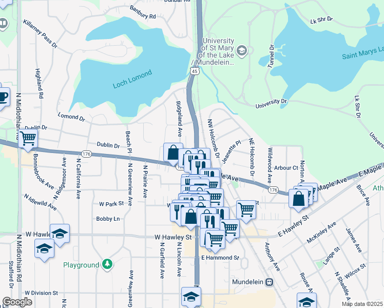 map of restaurants, bars, coffee shops, grocery stores, and more near 18 West Maple Avenue in Mundelein