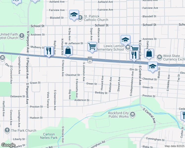 map of restaurants, bars, coffee shops, grocery stores, and more near 303 Foster Avenue in Rockford