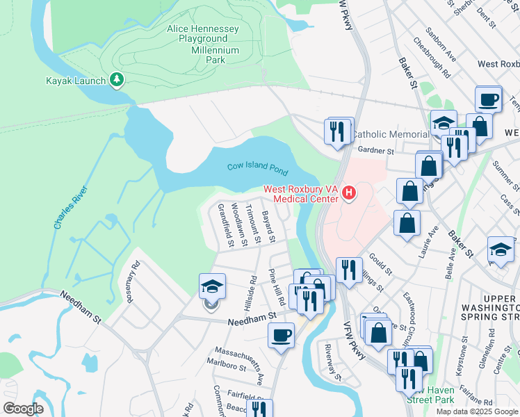 map of restaurants, bars, coffee shops, grocery stores, and more near 16 Trimount Street in Dedham
